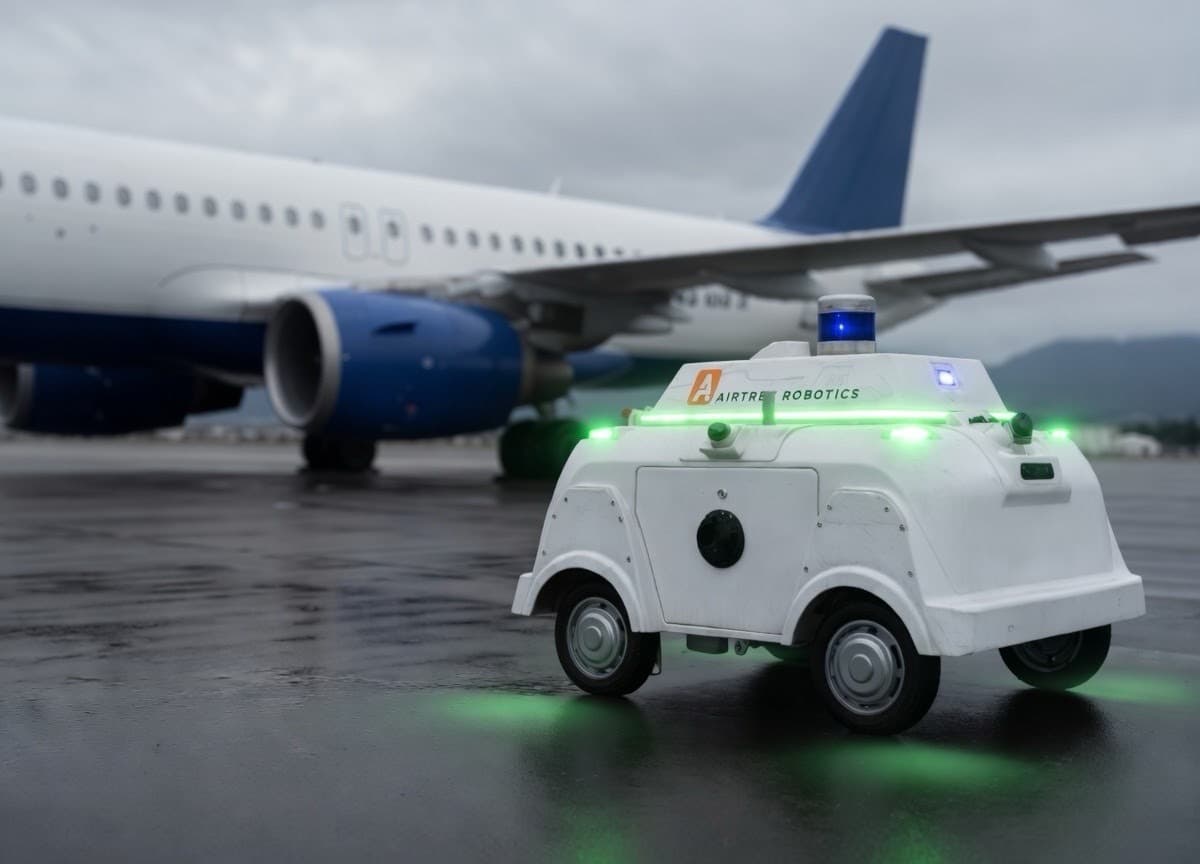 Airtrek wingwalking robot beside a commercial aircraft on a wet tarmac